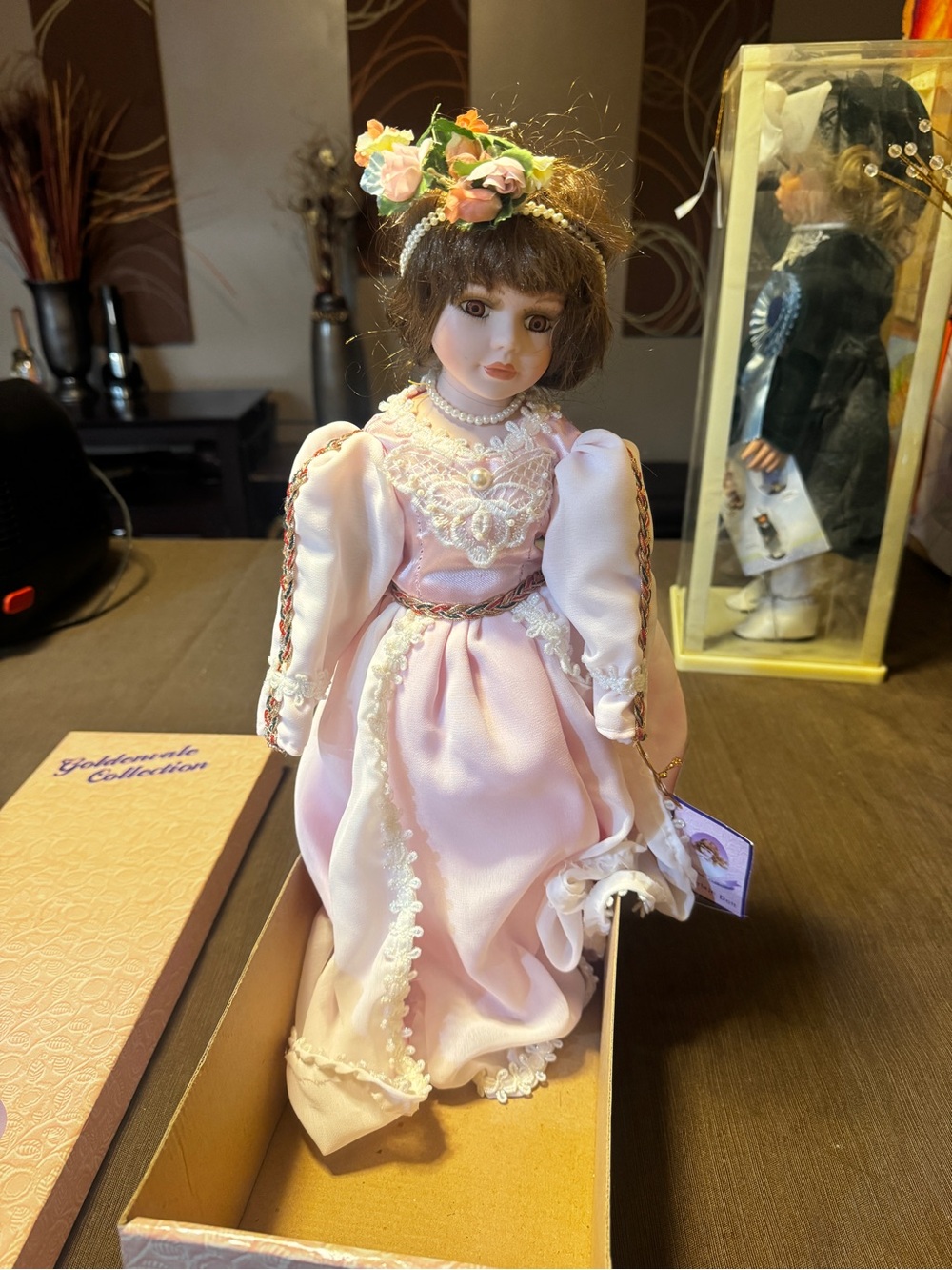 Porcelain Fashion Doll in Pink Floral Gown